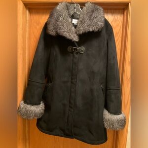 Hilary Radley Black Coat with Gray Faux Fur Trim